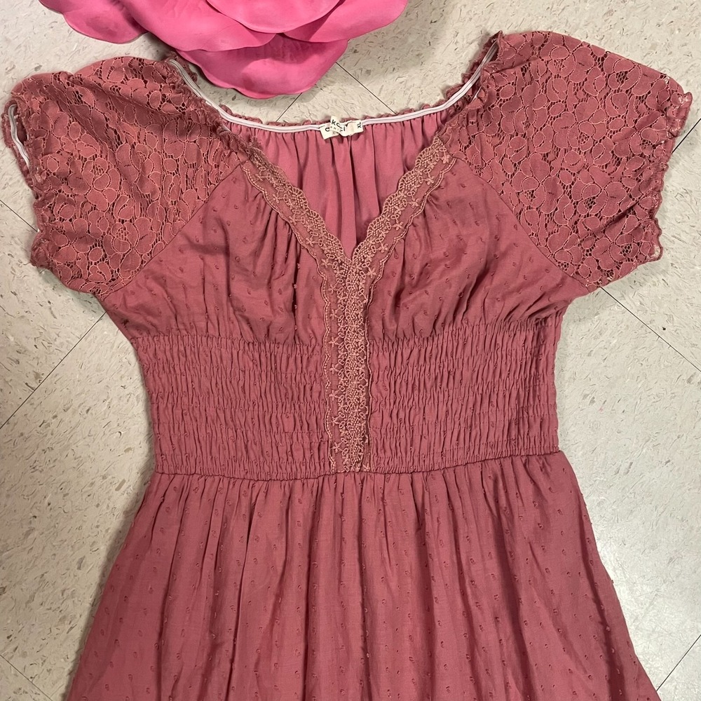 ANNA-KACI Sz XL Milkmaid Y2K Babydoll Dress Lace Sleeve/Trim Swiss Dot Smocked - Picture 3 of 11